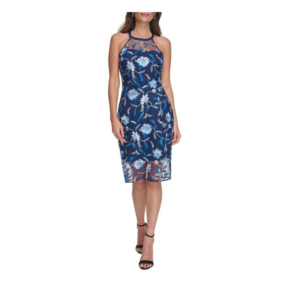 GUESS Womens Navy Lined Sleeveless Illusion Neckline Knee Length Sheath Dress 2